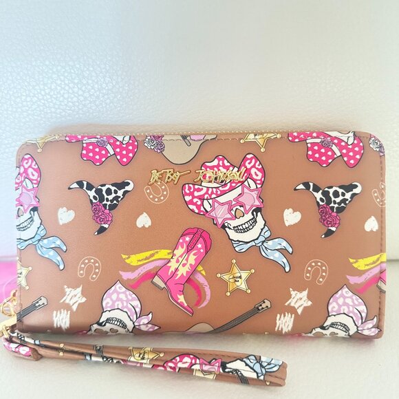 NWT Betsey Johnson Skull Cowboy Cowgirl Wallet Zip Around Wristlet Clutch - Picture 1 of 5